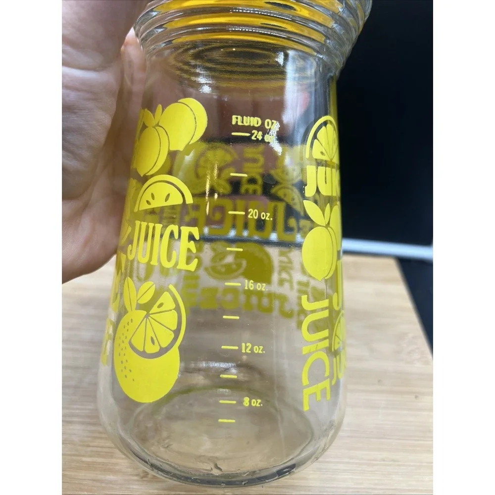 Vintage Glass Juice Carafe Pitcher with Pour Lid Lemon Yellow Design 24 oz MCM